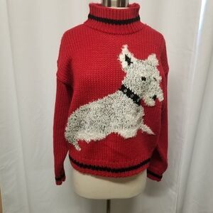 Vintage Evian‎ II Red Christmas Holiday Sweater Schnauzer Chunky Knit L